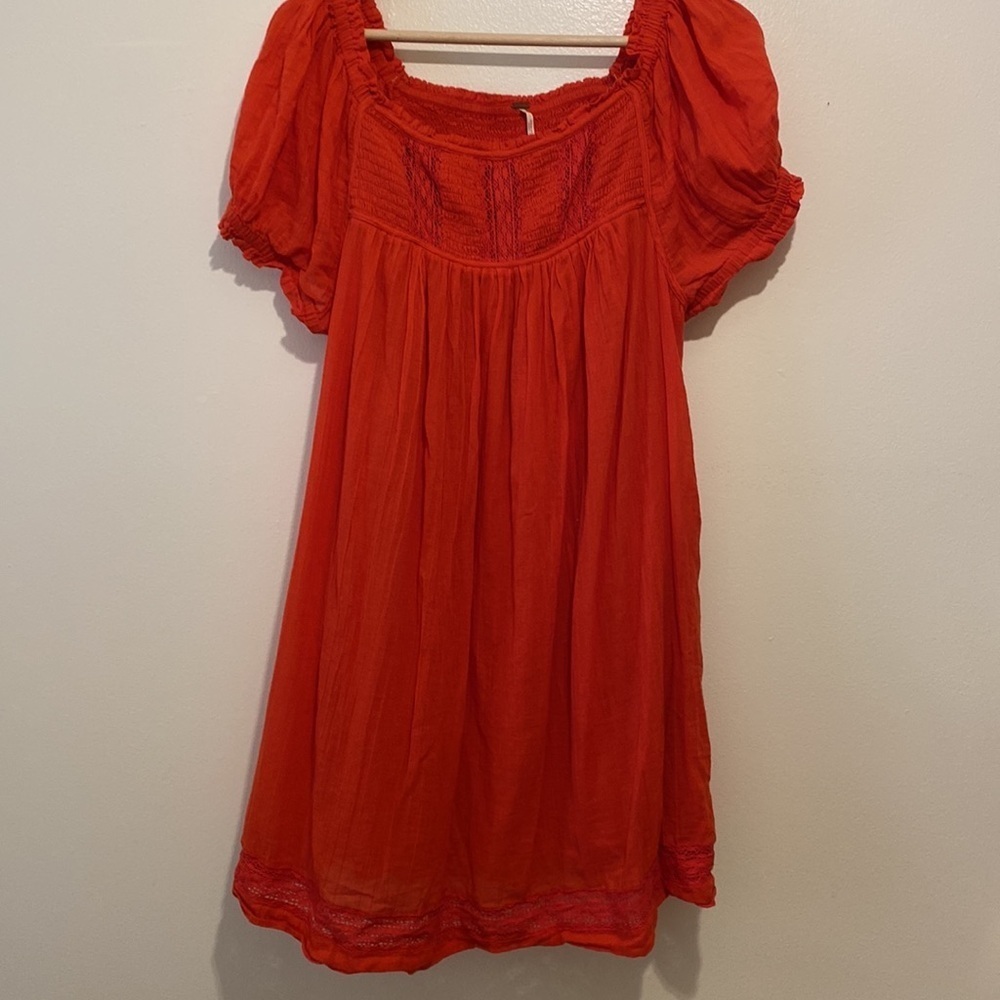 Free People Bright Orange/Red Puff Sleeve Mini Dress shorts underneath - Picture 3 of 11